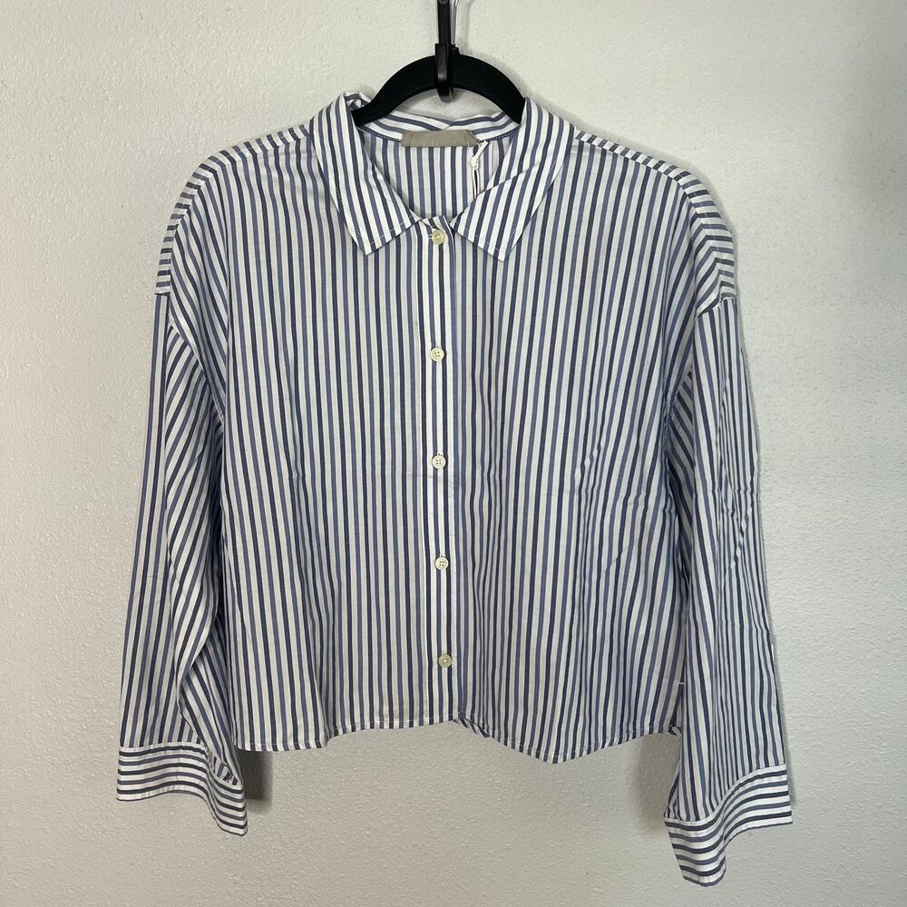 New Everlane Woven PJ Boxy Top Blue Stripe Cotton Button Front Long Sleeve Sz XS